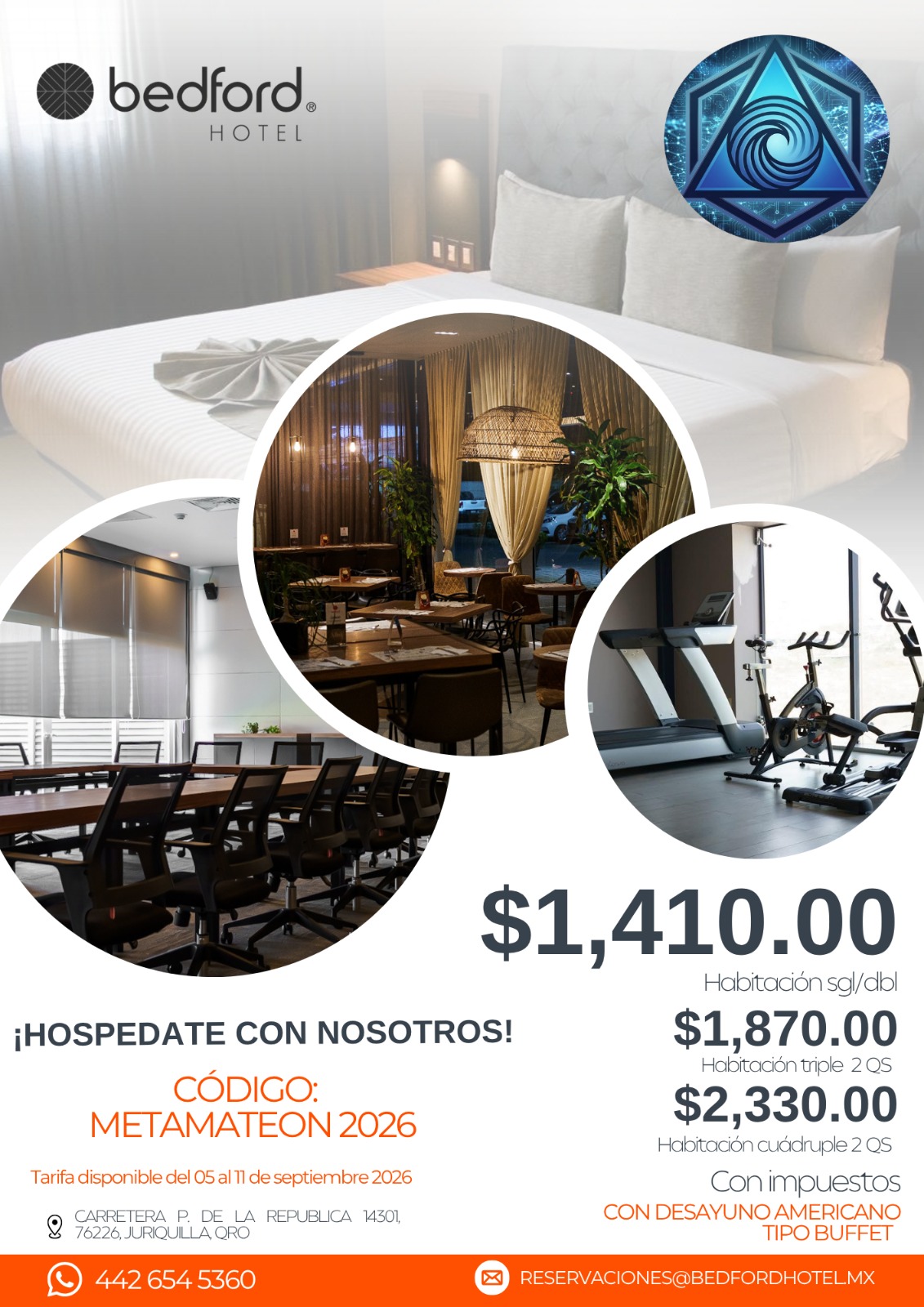 Flyer promocional Bedford Hotel - Tarifa especial METAMATEON 2026