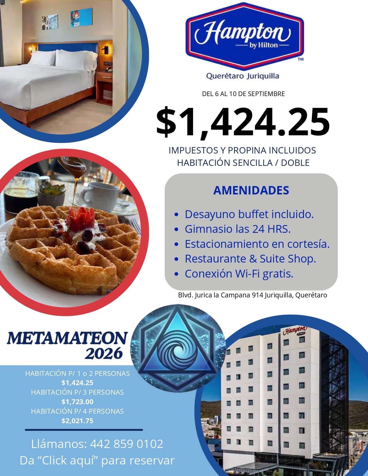 Flyer promocional Hampton by Hilton Juriquilla - Tarifa especial METAMATEON 2026